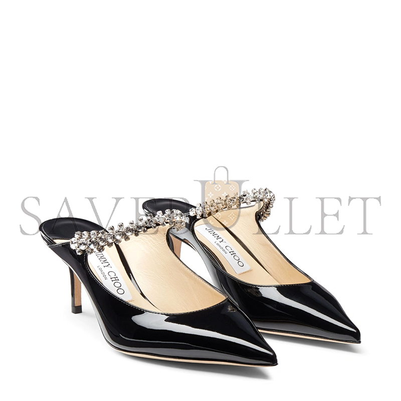 JIMMY CHOO BING 65 BLACK PATENT LEATHER MULES WITH CRYSTAL STRAP BING65PAT JIMMY CHOO BING 65 BLACK PATENT LEATHER MULES WITH CRYSTAL STRAP BING65PAT
